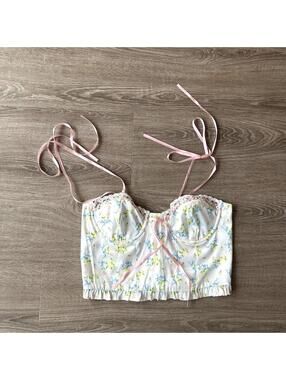Floral Satin Bustier Crop Top with Ribbon Straps and Lace Trim